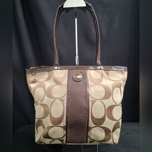 Coach Signature Tote Tan W/ Chocolate Brown Stripe